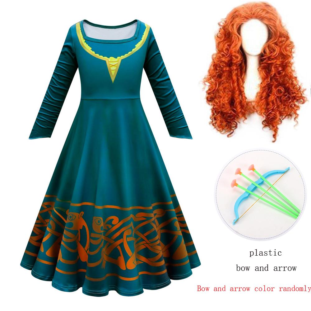 Hot Movie Brave Merida Costume for Girls Halloween Princess Dress Wig Kids Carnival Fantasia Children Xmas Party Cosplay Costume