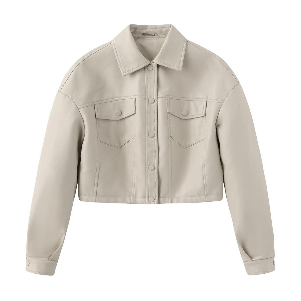 Women’s Jackets Faux Leather Long Sleeves Single Breasted Crop Top Punk Jacket Short Motorcycle Coat Fashion Out Wear