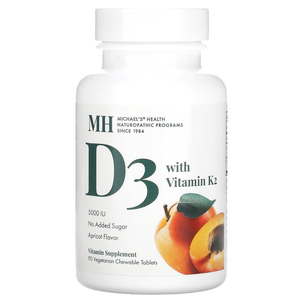 Michael'S Health, Vitamin D3, Vitamin K2, Apricot Flavor, 5,000 Iu, Veggie Chewables, 90 Tablets