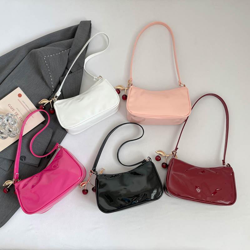 Women'S Pu Leather Handbag Versatile Fashion Solid Color Cherry Pendant Shoulder Bag Casual Commuting Bag Girl Underarm Bag