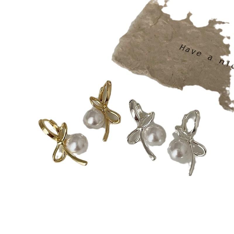 Ballet Style Bow Pearl Ear Buckle Women'S Light Luxury Elegant High-End Retro Personality Fashion Temperament Earrings
