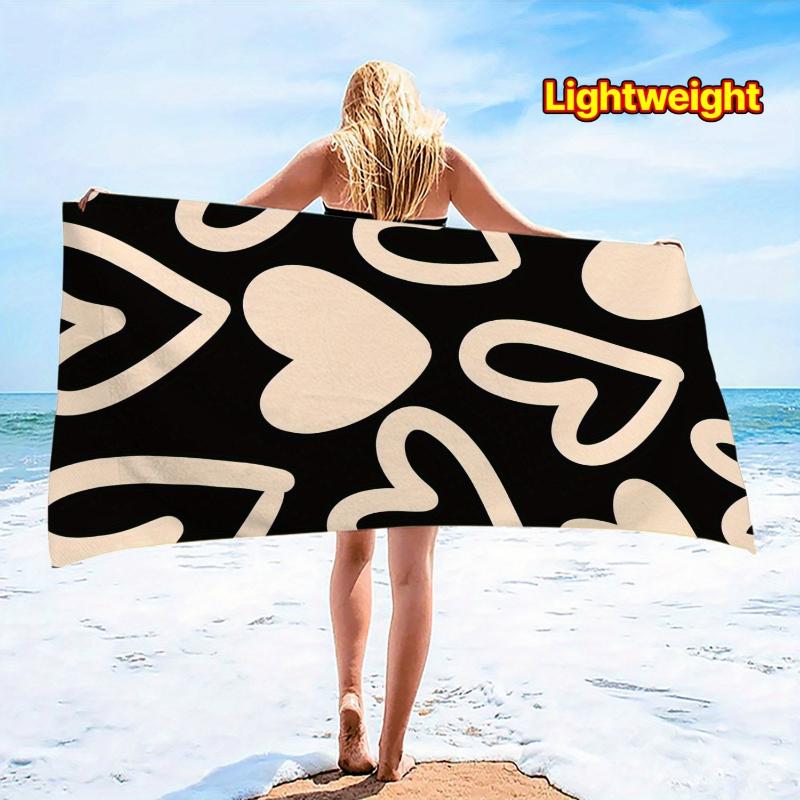 1pc Heart Pattern Beach Towel Ultra-Soft Microfiber Quick-Dry Bath Mat for Beach,Black with White Heart Design,Beach Accessories