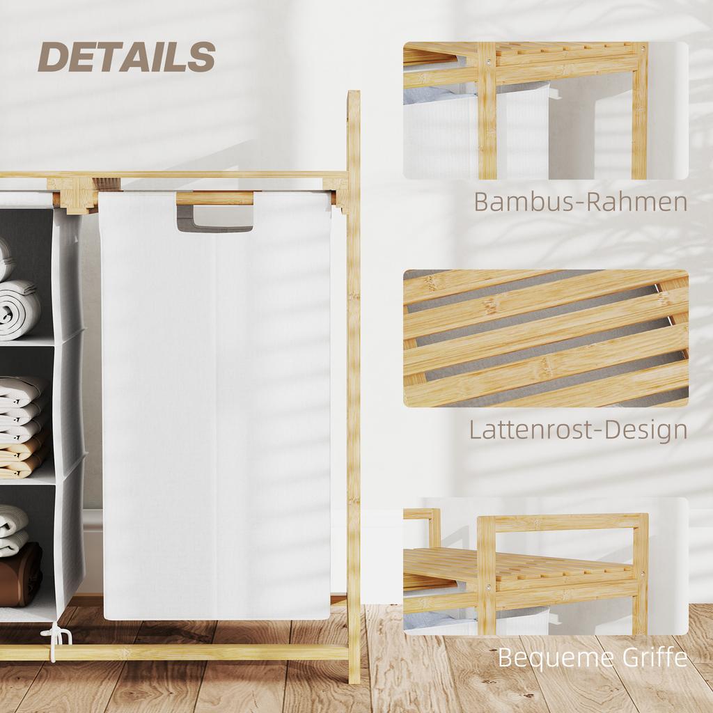 Laundry Basket with Laundry Bag, Fabric Drawer, Bamboo, 70x36x70 cm, White/Wood