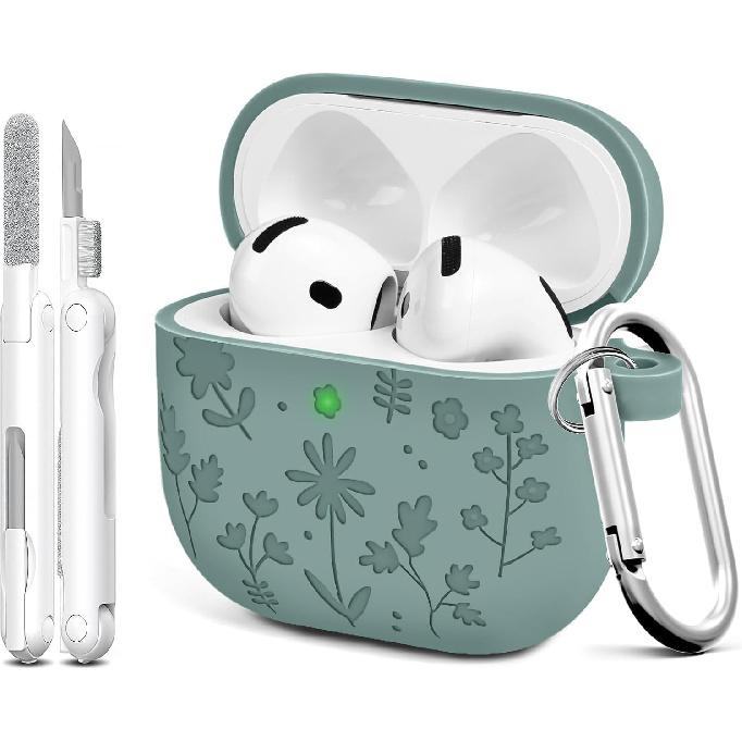 Linsaner for airpods 4 case for Women, Cute Flower Engraved Silicone Case Cover with Keychain, Full Protective Case for Women, Compatible with