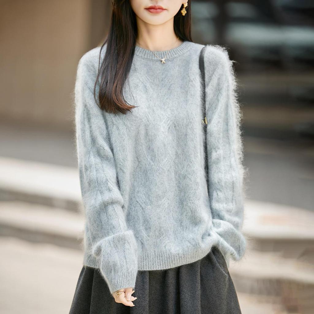2026 Autumn/Winter Women's Marled Cashmere Wool Knit Sweater - Round Neck, Long Sleeve, Brushed Loose Fit