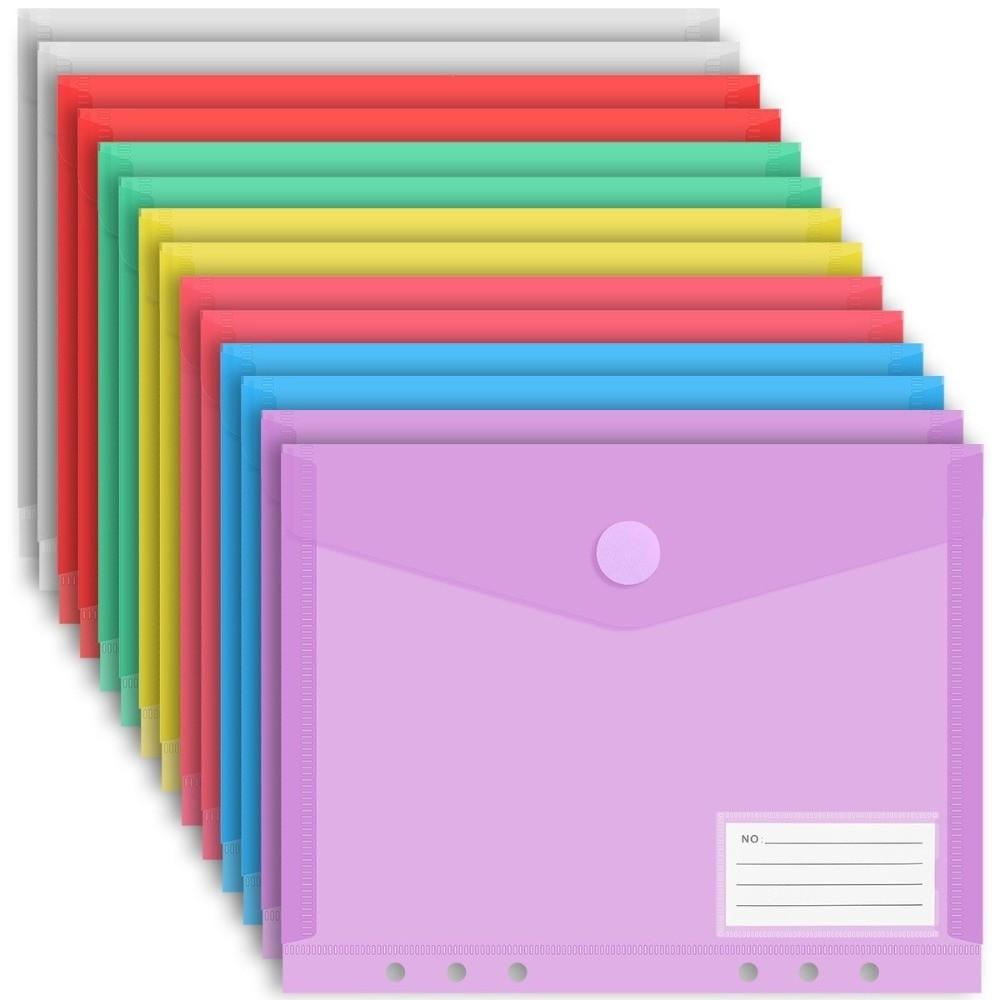 7pcs/Set with Adhesive Snaps PP Envelopes 6/11 Holes Loose-Leaf Document Organizer Pouches  Students