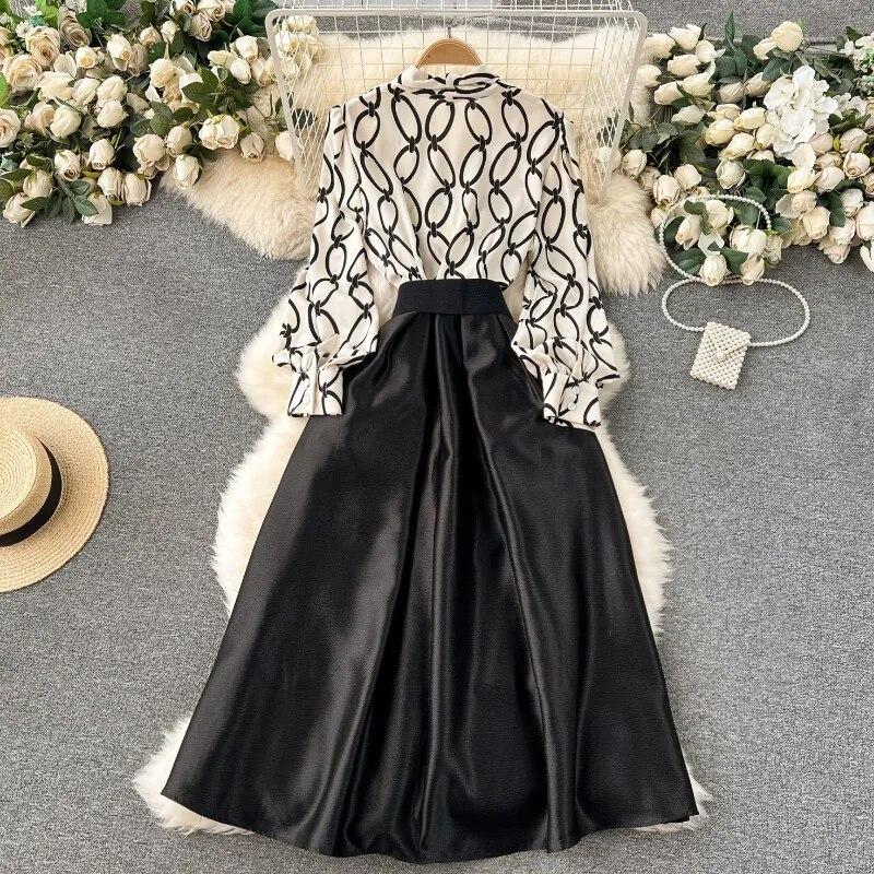 Корейские модные платья с длинными рукавами, новинка 2024 года, весеннее новое платье из двух предметов с принтом для женщин, свободные платья средней длины, Vestidos Mujer