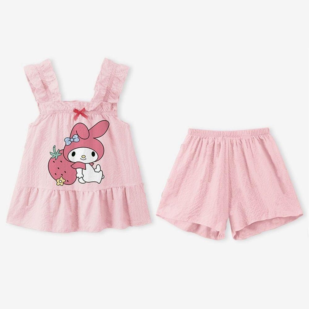 Girls Cartoon Tank Top and Short Sleeve Pajama Set Lightweight Summer Sleepwear