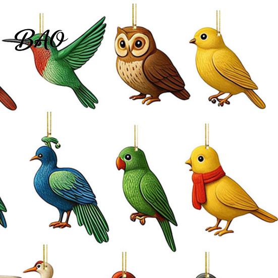 Christmas Party Bird Favors 24 Day Advent Calendar with 2D Flat Acrylic Hanging Pendants, Detailed Animal Shaped Decors Countdown Calendar,