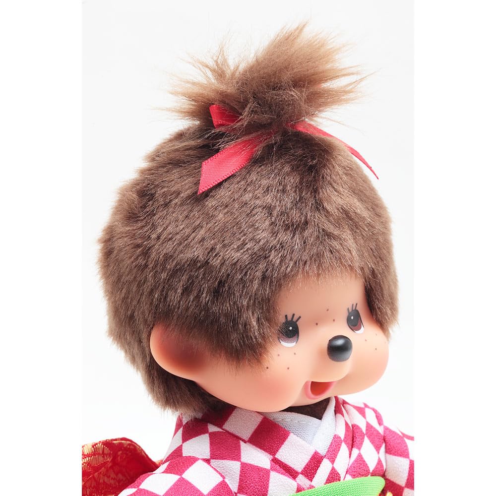 Kyugetsu Monchhichi Girl Doll in Red Checkered Kimono, IPM-13-Z
