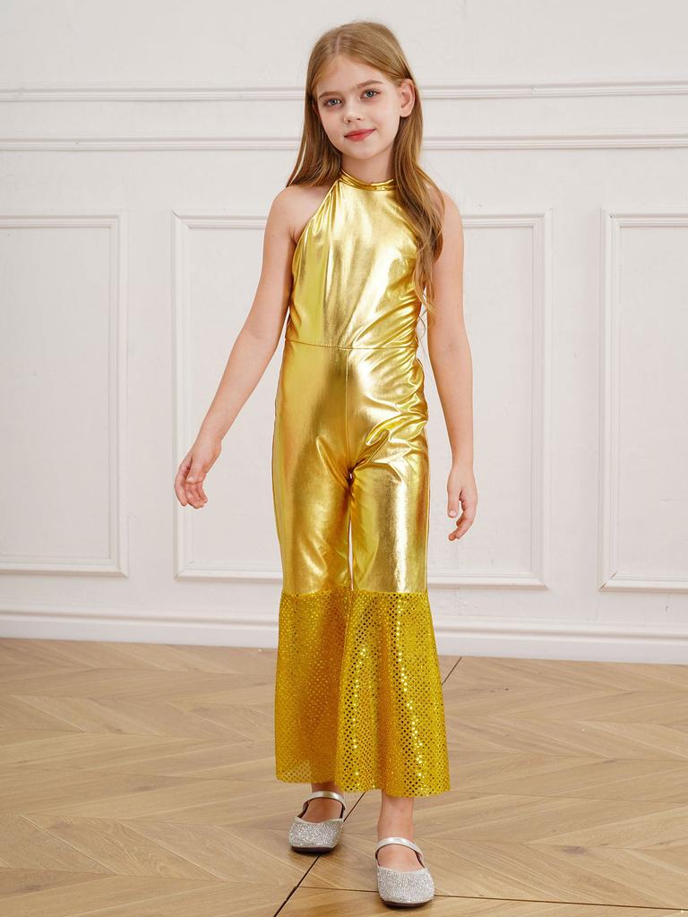Girl Fancy Dress Up Metallic Sequins Movie Star Singer Bodysuit 70s Disco Dance Retro Cosplay Jumpsuit High Waist Jazz Dancewear