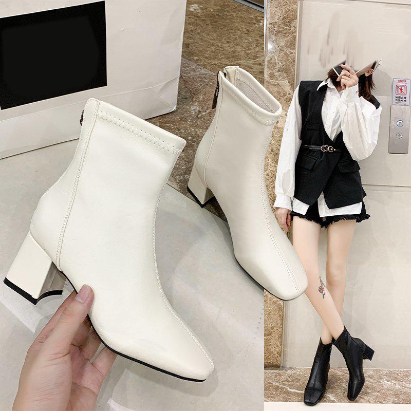 Женские однотонные модные туфли на высоком каблуке с застежкой-молнией сзади Модные ботинки Высокие ботинки Кожаные туфли Ботинки средней высоты Женская обувь