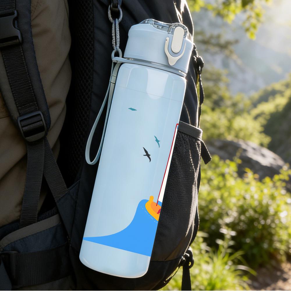 1PC Blue Sea Sailboat Minimalist 750ml Color Plastic Sports Water Bottle Leakproof Flip Straw Lid Suitable for Sports Office Home Use