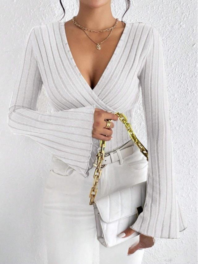 Женская футболка с V-образным вырезом, ребристая, с длинным рукавом, осенне-зимняя