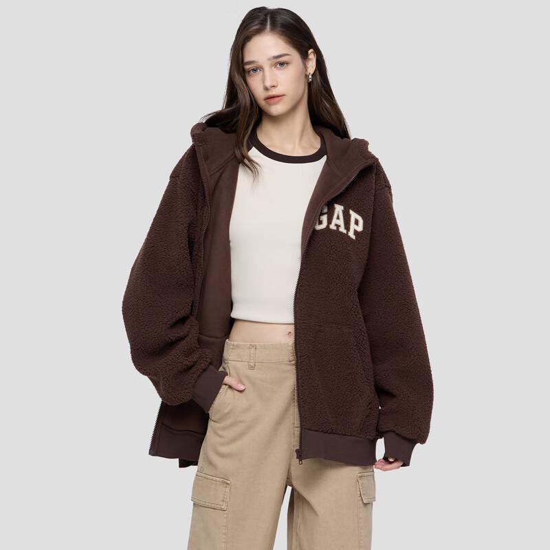 Gap Unisex Loose Fit Logo Embroidered Faux Fleece Zip Hoodie