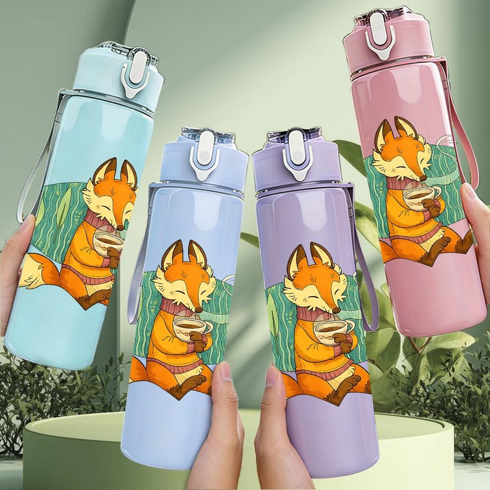 1PC Fox Forest Animal Cartoon Print 750ml Color Plastic Sports Water Bottle Leakproof Flip Straw Lid Suitable for Sports Office Home Use