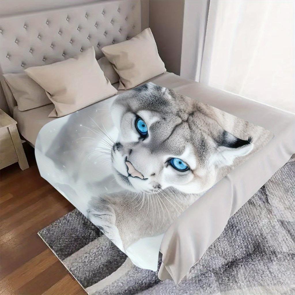 1pc Snow Leopard Blue Eyes Throw Blanket - Realistic Wildlife design with Snow Leopard Headshot, Soft Flannel All-Season Blanket