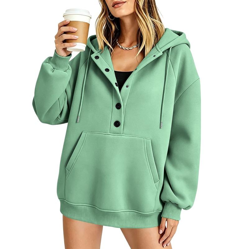 Women S Loose Fit Mid Length Long Sleeve Button Collar Sweatshirt Casual Style