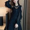 Long Sleeve Dresses Women Black Lace Patchwork Casual Office Ladies Elegant Slim Party Spring Vestidoes Chic Mid-Calf Vintage