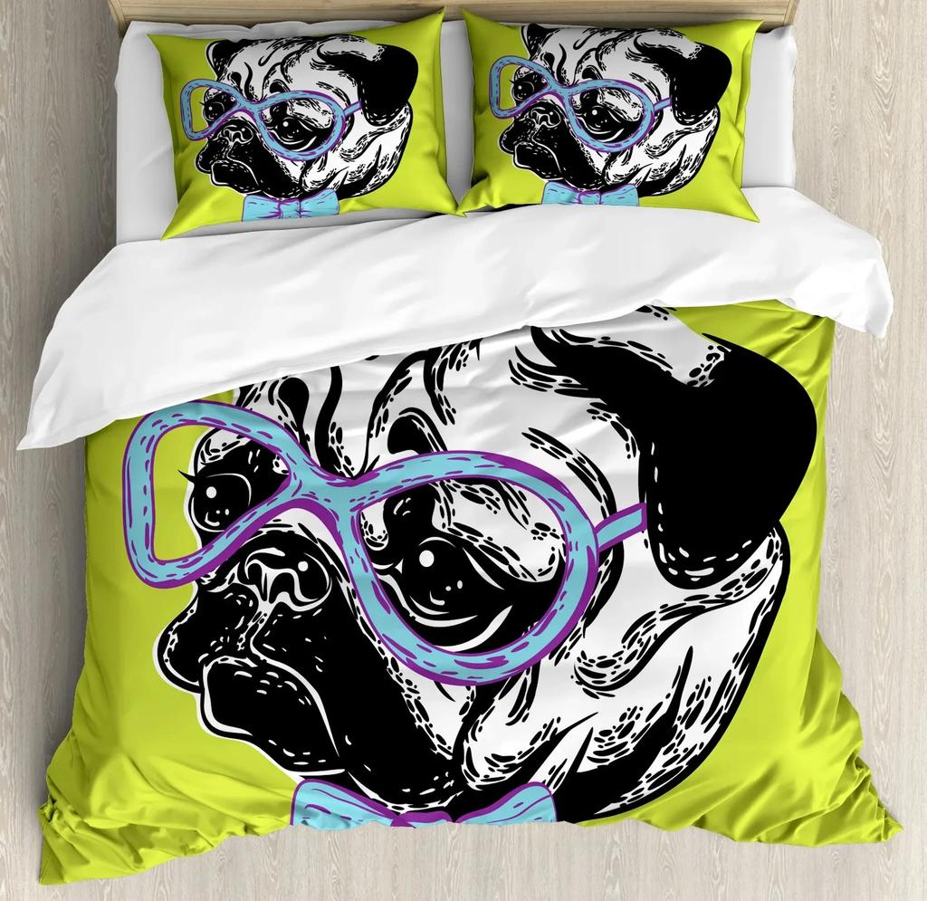 Cartoon Pug Dog Duvet Cover Set Comforter Cover Soft Bedding Set Full Size for Boys Girls Bedroom 2/3 Pieces with Pillow Shams
