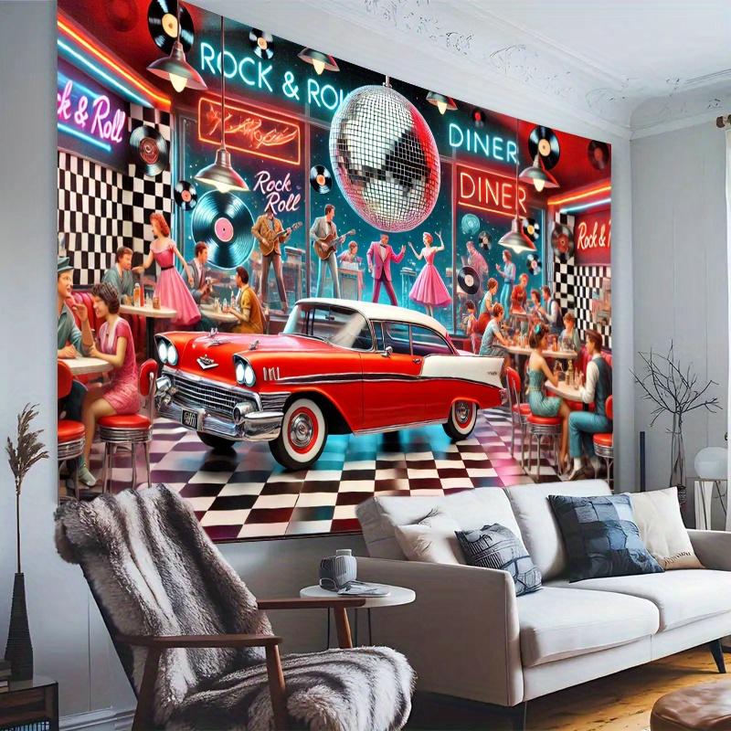 1 piece of retro rock restaurant - polyester fiber background paired with vintage cars music boxes and checkered floor design