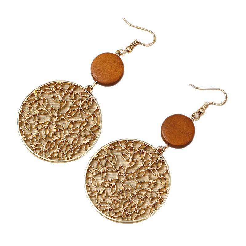 Hollow Earrings Women's Exaggerated Retro Style Wood Alloy Engraved Long Face Thin Stud Earrings