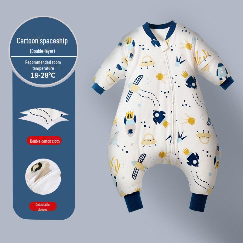 Детский спальный мешок из толстого и тонкого хлопка: Разрез по ноге, мультяшный дизайн, с рукавами, на все времена года