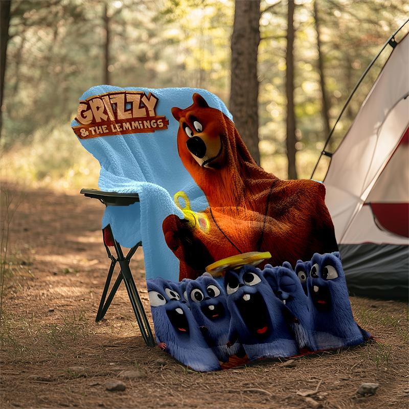 1pc Grizzy The Lemmings1 Theme Blanket - Digital Print, Polyester, Cozy for All Seasons, Perfect for Outdoor, Camping, and Travel
