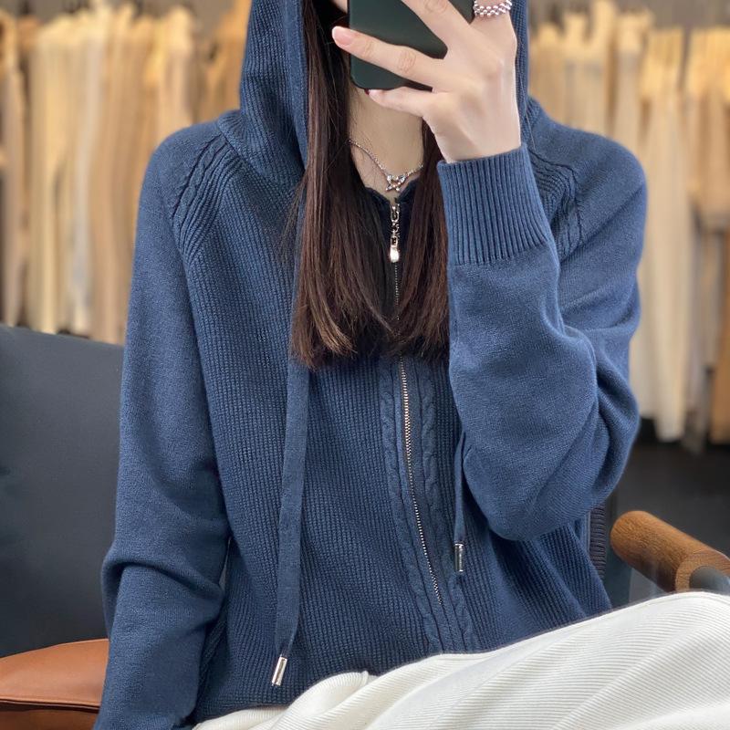Женская кардиган с капюшоном на молнии, трикотажная куртка, однотонный свитер, повседневная толстовка с капюшоном, теплая трикотажная куртка в стиле Харадзюку на осень и зиму