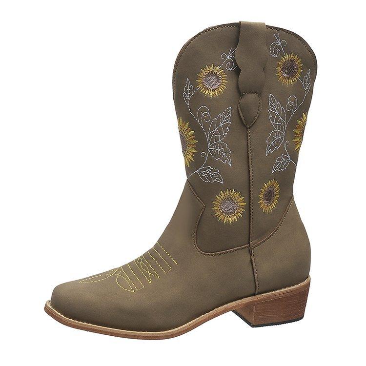 Осень 2024 года, новые короткие сапоги большого размера, популярные женские сапоги с вышивкой в этническом стиле на толстом каблуке