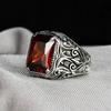 Retro Square Inlaid Red Zircon Rings for Men Personalized Fashion Copper Color Metal Carving Pattern Punk Rings Accessories