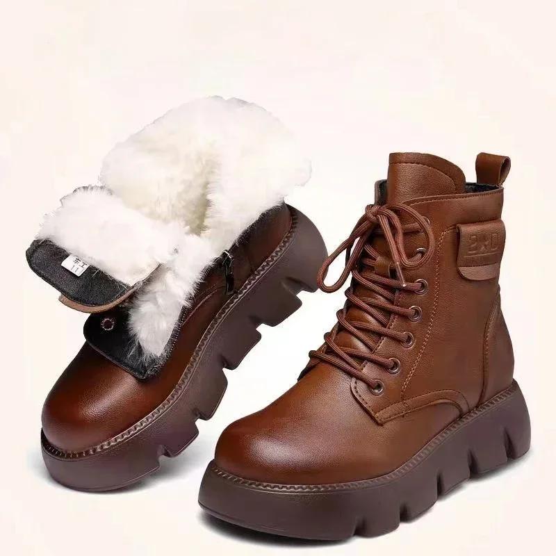 Womens Short Boots 2024 Leather Comfortable Ankle Boots Waterproof Thick-soled Padded Warm Women Shoes Casual Platform Boots