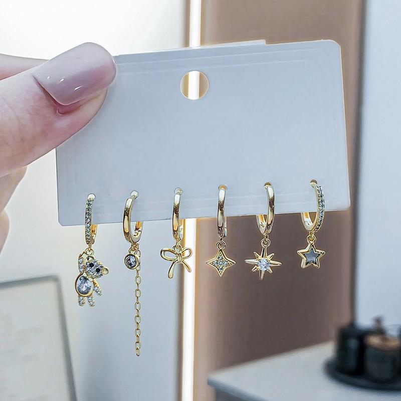 ANENJERY Zircon Star Bowknot Bear Earrings For Women Exquisite Lovely 6-piece Earring Set Girl Gift