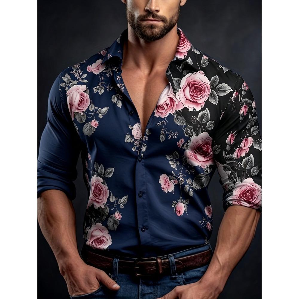 Мужская рубашка с длинным рукавом и контрастным принтом роз, с воротником slim fit, для отпуска, вечеринок и уличной моды