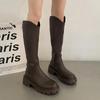 Зимние новые брендовые женские длинные сапоги, модные круглые носки, молнии, женские элегантные сапоги до колена с толстой подошвой, обувь 2024