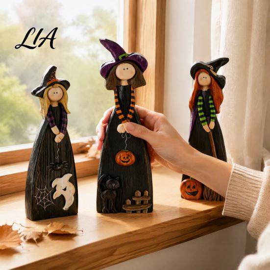 Wooden Witch Ornaments for Home Halloween Ornaments, Distressed Figurines, Retro Tabletop Unique Accents Decoration with Pumpkin Designs Mantel Party