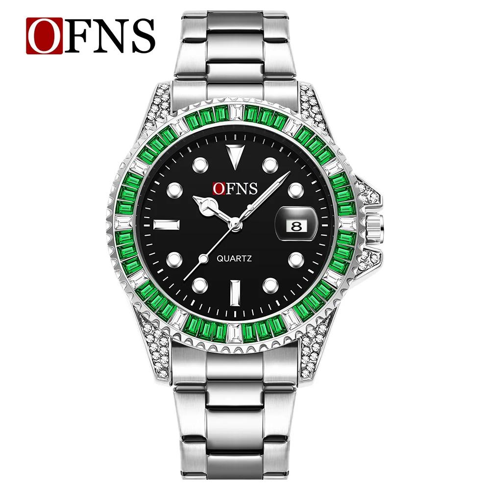 Fashion Ofns 7101 Top Brand Men's Calendar Quartz Night Light Waterproof Diamond Inlaid Business silicone Or Steel Strap Watches