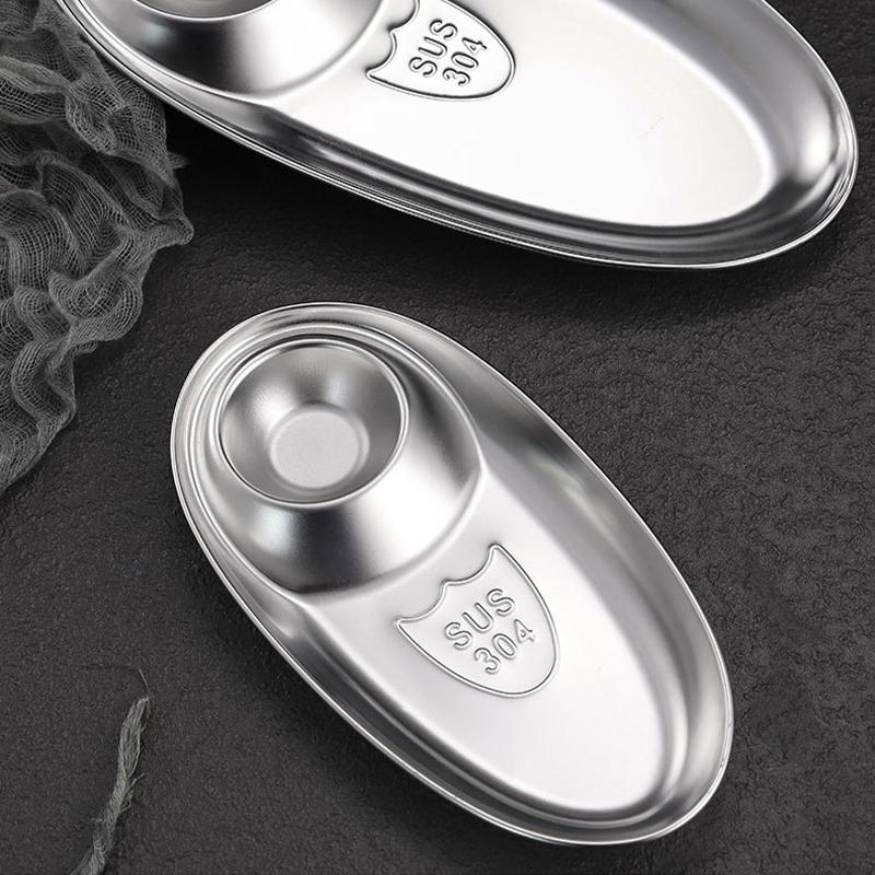 304 Stainless Steel Oval Serving Tray with Divided Dip Section Kitchen Appetizer Dish Snack Plate for Fries and Chicken Nuggets