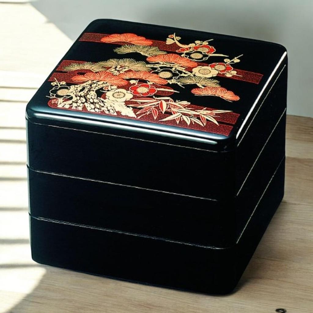 Lacquerware Jubako Black and Plum Made In Japan J-kitchens 3-Tiered Box, 6-inch, Pine, Bamboo, Design, 18cm, Resin,