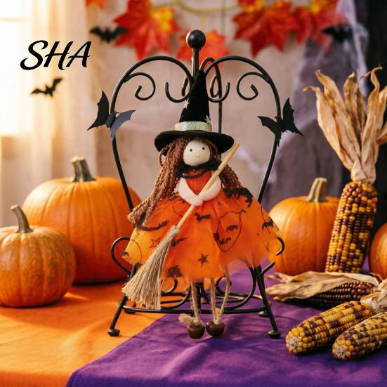 Realistic Witch Doll Halloween with Broom, Small Hanging Figurine Decoration Gauze Skirt for Haunted House, Door Window Decor