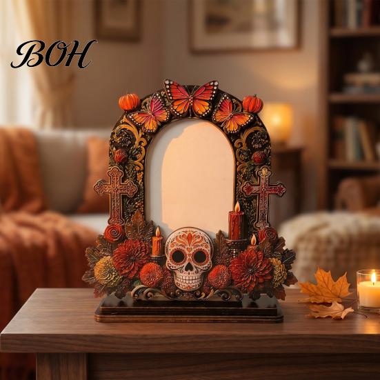 Unique Festival Gift Ideas Dia De Los Muertos Wooden Photo Frame Tabletop Decor, Day of The Dead Sugar Skull Ornaments Memorial Picture Holder