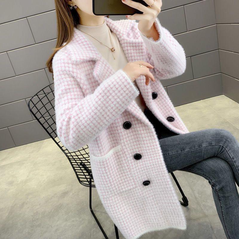 Autumn and Winter New Mink Fleece Plaid Coat Women's Mid Length Versatile Slim Sweater Thickened Imitation Mink Fleece Coat