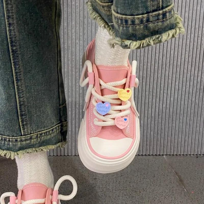 Fashion Women 2024 New Ugly and Cute Two Wearing Canvas Shoes Korean Round Head Thick Sole Student OffWhite Shoes Lace-up