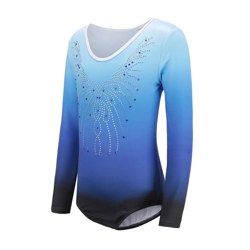Детский купальник для гимнастики и балета, танцевальный костюм со стразами и заклепками, градиентный цвет, длинный рукав, танцевальный костюм