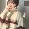 Autumn Winter High Collar Women's Sweater  New Loose Pullover Sweaters Warm  Stripe Vintage Sweater