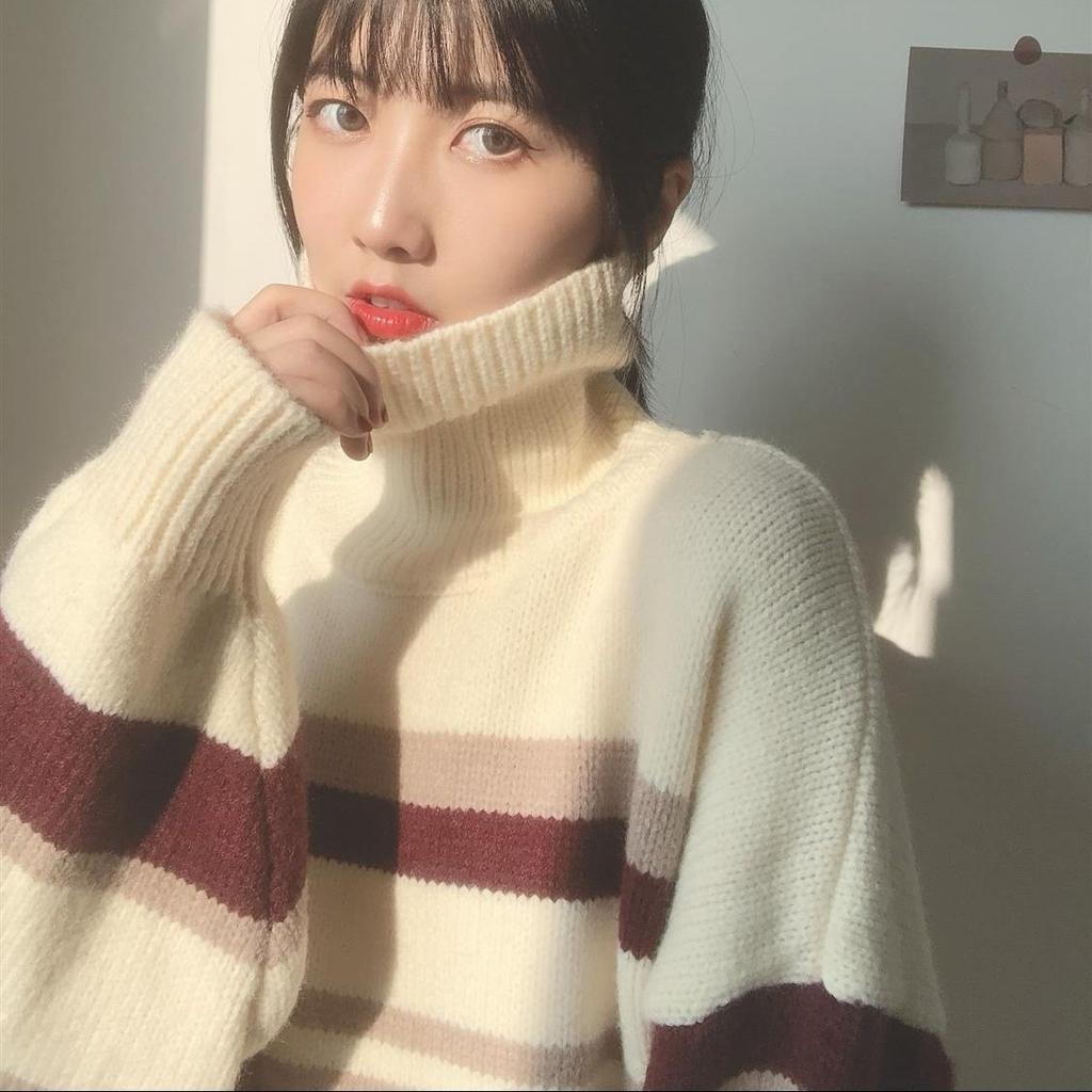 Autumn Winter High Collar Women's Sweater New Loose Pullover Sweaters Warm Stripe Vintage Sweater