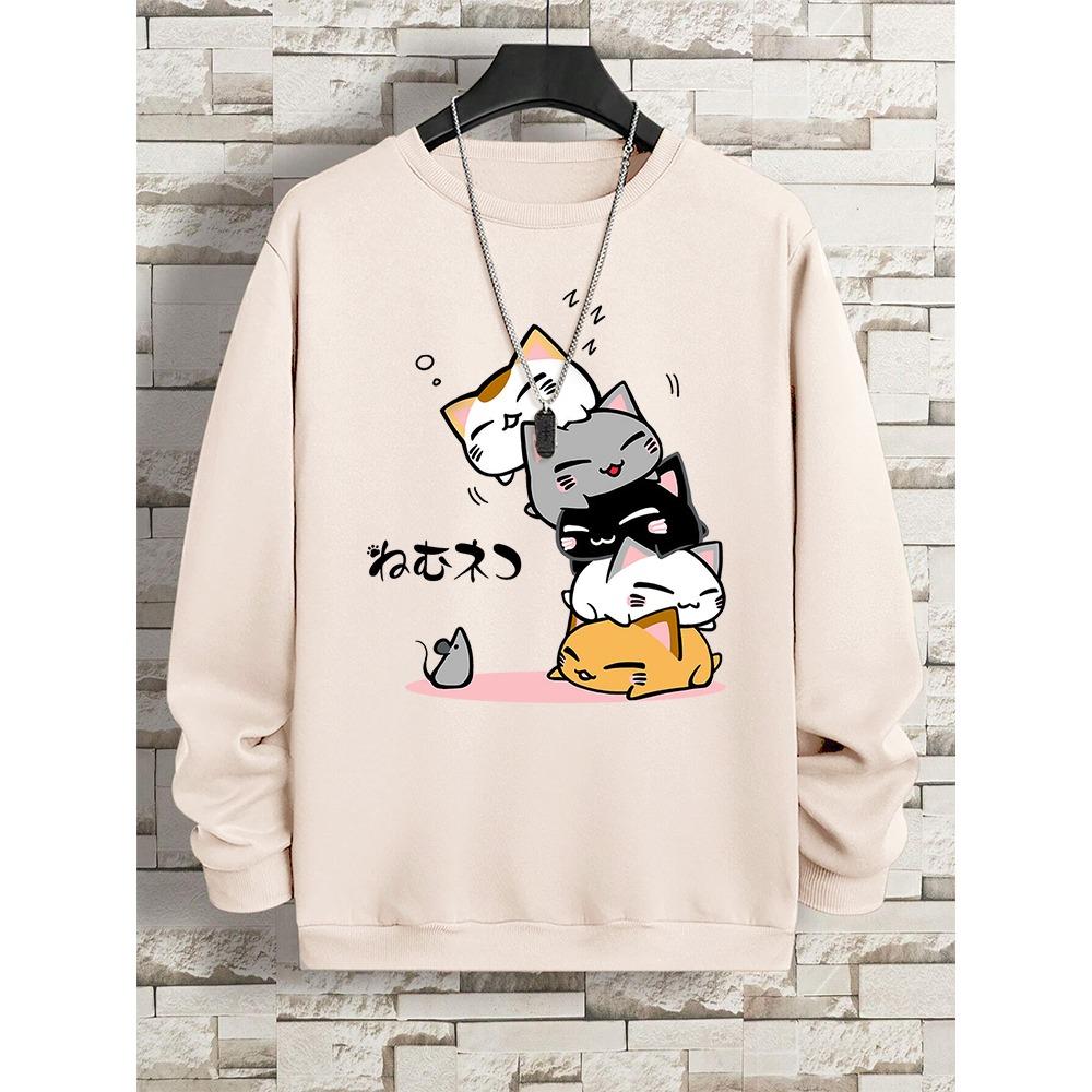 Милые кошки, одежда для сна, мужская толстовка с капюшоном и круглым вырезом, винтажные повседневные свободные толстовки с капюшоном, свободная одежда