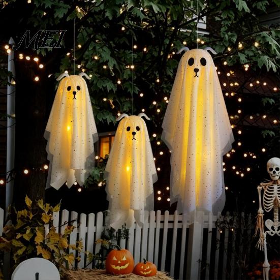 Playful Ghost for Indoor Parties 3 Pcs Lighted Dog Hanging Ornaments, Spooky Halloween Outdoor Flying Floating Decor Gauze with LED Light Tree