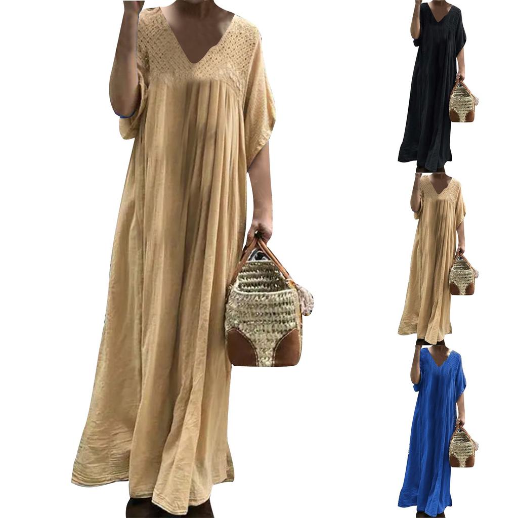 Women's Extra Long Dress Women's Lace Crochet Summer V-neck Flared Sleeves Solid Color Sundress