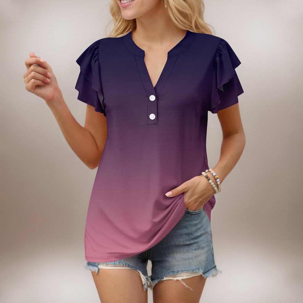 Женский повседневный топ с короткими рукавами и V-образным вырезом, с оборками и градиентом